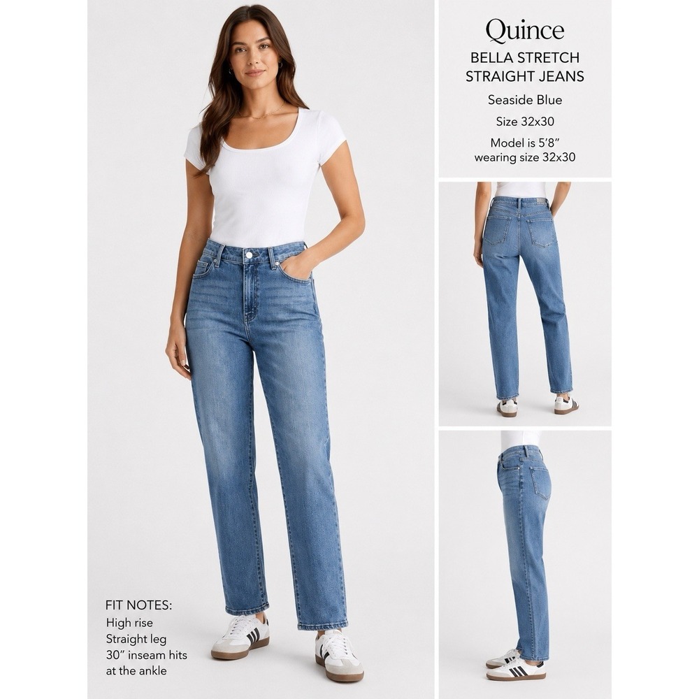 Quince Bella Stretch Straight Jeans Women's 32x30 Seaside Blue High Rise Denim